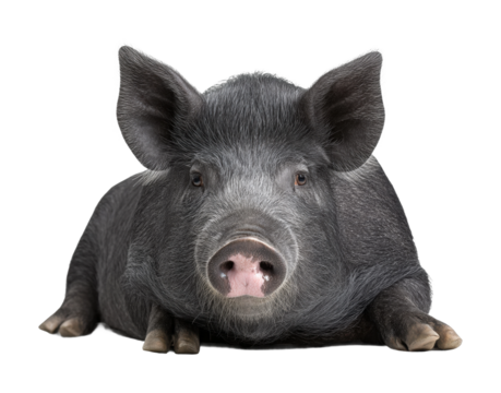 Close-up of a relaxed pig lying down with focused expression