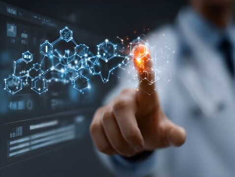 A male doctor in a lab coat interacts with a futuristic digital interface displaying molecule structures. - Powered by Adobe