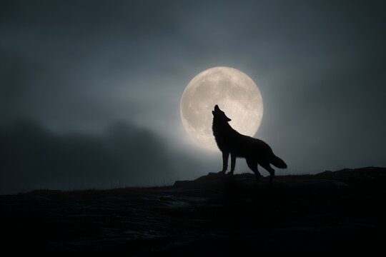 Silhouette image of a howling wolf with full moon background.