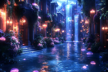 Obraz premium Dreamy town alleyway at night with water, glowing flora, and a waterfall in the distance