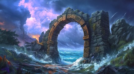 Fototapeta premium Ancient Stone Archway Overlooking Stormy Ocean, Fantasy Landscape Illustration