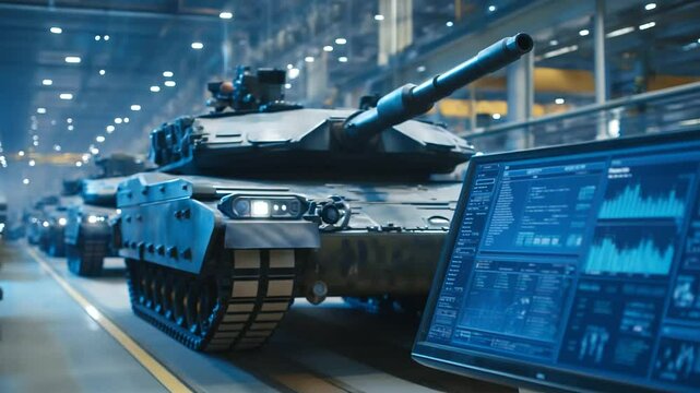 Engineers conduct rigorous testing on military tanks within a factory setting.