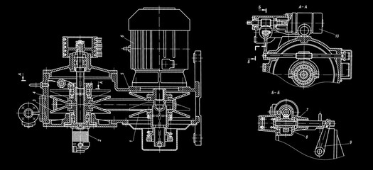 Engineering mechanical drawing of steel devices
- worm gear (reducer, gearbox, engine)
with dimension lines. Industrial 
cad scheme on paper sheet. Technology background
of machine building industry.