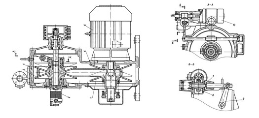 Engineering mechanical drawing of steel devices
- worm gear (reducer, gearbox, engine)
with dimension lines. Industrial 
cad scheme on paper sheet. Technology background
of machine building industry.