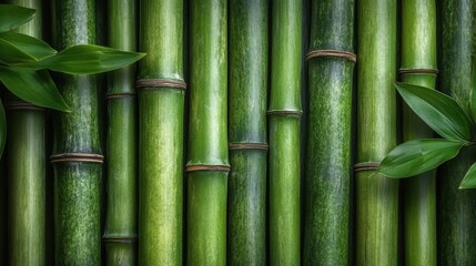 Obraz premium Close-up image of vibrant green bamboo stalks with fresh leaves, showcasing natural texture and vertical alignment.