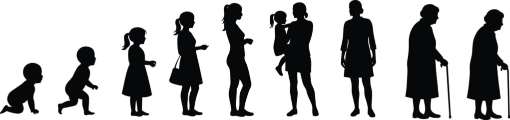 Female life evolution silhouette, from crawling baby to old age woman, growth stages, female aging timeline, motherhood phase, childhood to elder transition, vector woman aging process