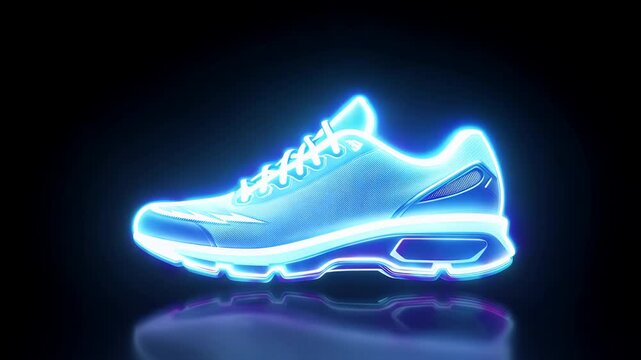 Stylised sneaker outline glows white against black rotating gently loop ready sports promos fashion apps music videos requiring crisp K neon footwear