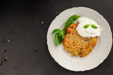 Potato pancakes drainiki potato cutlets vegetable dish fresh delicious gourmet food background on the table rustic food top view copy space vegan and vegetarian food