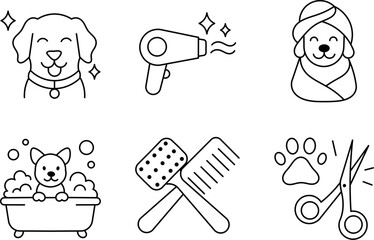 Pet Grooming Stroke Icon Collection – Featuring Bath, Brush, Blow Dry, and Care Tools. Editable Line Symbols for Grooming and Hygiene.