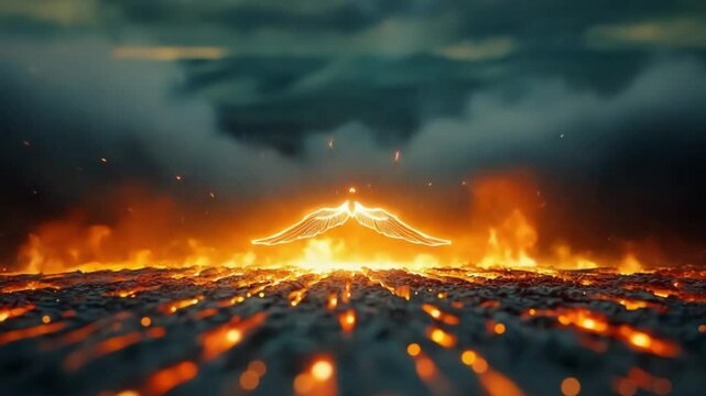Fiery phoenix rising above molten lava landscape, symbolizing rebirth amidst a dramatic sky