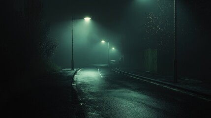Eerie streetlights illuminate a foggy road at night creating a spooky atmosphere