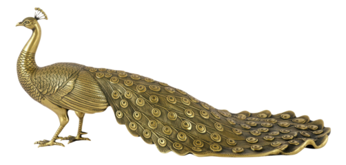 Bronze peacock statue adorned with detailed feather textures and intricate floral patterns isolated transparent background