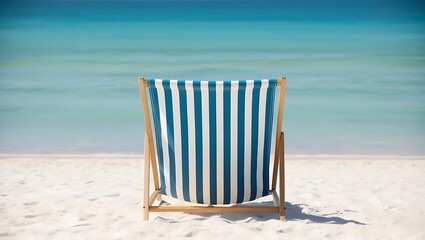 Striped fabric beach chair facing calm ocean on wide sandy beach with soft wind and sunlight, capturing a relaxed coastal atmosphere
