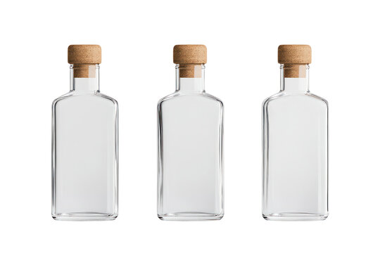 Empty Bottle Trio: A minimalist composition featuring three clear glass bottles, each sealed with a natural cork stopper, arranged against an unfussy backdrop, highlighting purity and simplicity.