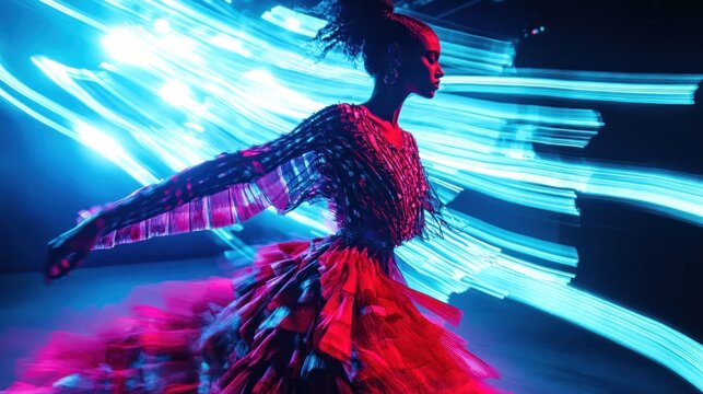 Fashionable model in dynamic pose illuminated by vibrant blue and red lights