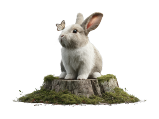 Adorable rabbit with butterfly on tree stump in natural setting