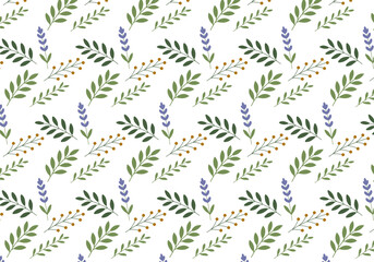 Seamless Botanical Pattern with Green Leaves and Lavender Flowers