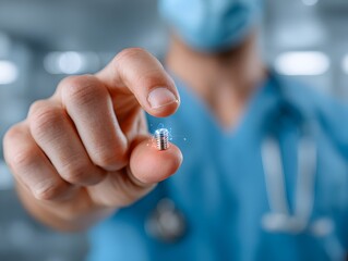 A surgeon wea scrubs presents tiny implantable device that offers hope for medical breakthrough research.