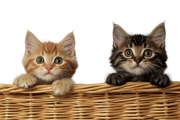 Curious Kittens in a Basket: Two adorable kittens peek out from a woven basket, their innocent eyes full of curiosity and charm. A heartwarming capture of feline companionship.