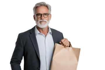 Stylish Senior with Shopping Bag: A dignified senior gentleman, radiating timeless sophistication, stands confidently, clutching a shopping bag. This image captures an experience of everyday life.