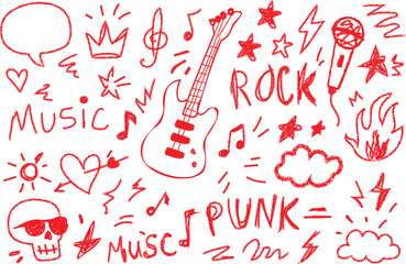 Music star doodle icon punk rock set. Hand Drawn Rock and Punk Music Doodle Set in Red. Hand drawn music sketch guitar, microphone, skull