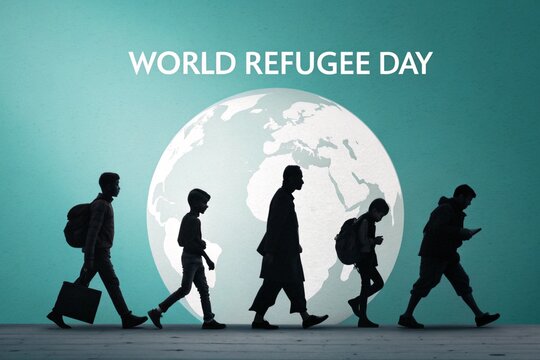 World refugee day silhouettes of refugees walking