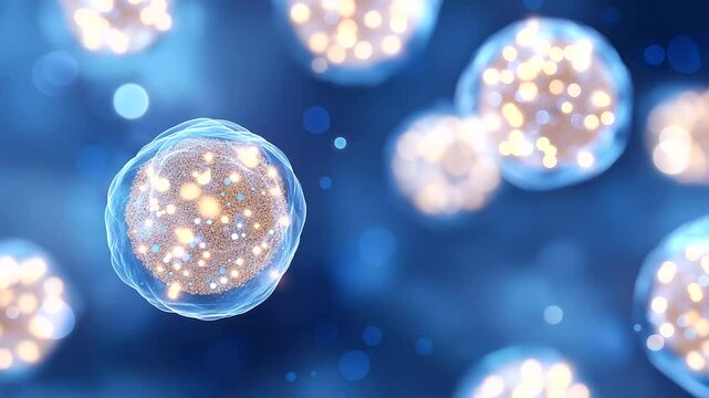 Hyper-realistic visualization of blue exosomes floating in a biotech environment.