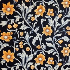 Floral pattern with golden blossoms  silvery leaves on a dark backdrop
