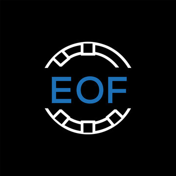 EOF Modern Tech Logo, Design &ndash; EOF Later Logo,  Futuristic Blue and White Circular Emblem on Black Background.
