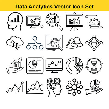 Data Analysis and Business Intelligence Outline Icon Set. Scatter plot, line graph, report, pie chart, trend, dashboard, bar graph, statistics, analysis, infographic, growth, chart, graph