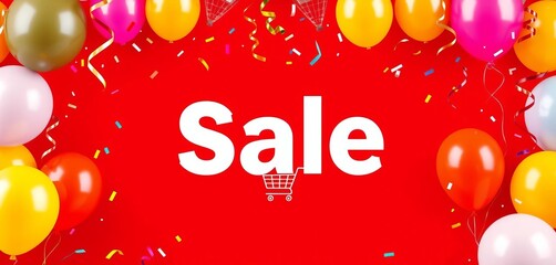 Bright red sale banner with confetti, balloons, and shopping cart icon, bargain, clearance