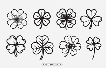 Obraz premium Collection of Eight Black and White Clover Drawings in Varying Styles on a Light Background