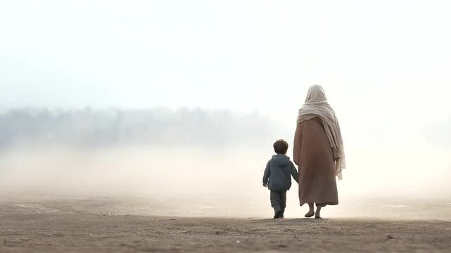A group of refugees journeying towards a far-off border checkpoint.