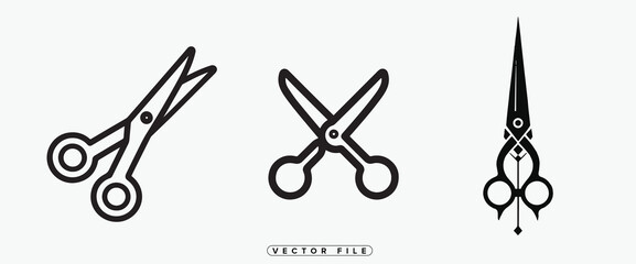 Three Scissors Icons in Different Styles Open Closed and Decorative on a White Background