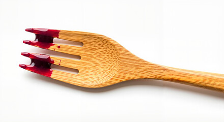 Wooden fork with red sauce stains on white background