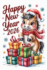 Fototapeta premium A cheerful horse wearing a Santa hat celebrates New Year 2026 with presents, embodying festive spirit and joy.