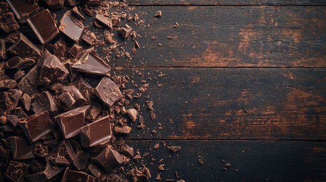 Rich Dark Chocolate Chunks and Shards Spread Across a Rustic Wooden Surface Perfect for Dessert Recipes and Culinary Inspirations