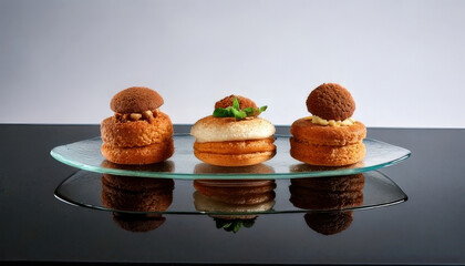 Elegant dessert trio featuring three distinct pastries on reflective surface, showcasing modernist plating with minimalist background
