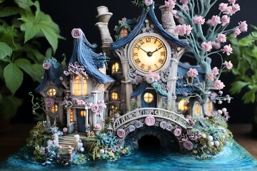 Whimsical fairy house with clock tower