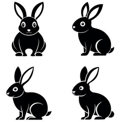 Four Black and White Rabbit Silhouette Illustrations in Different Poses on a White Background
