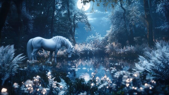 Mystical moonlight scene of a white horse drinking from a pond in a forest