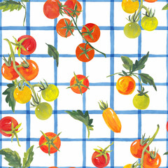 Trendy seamless summer pattern featuring colorful tomatoes on a checkered background, painted in vibrant acrylic style. This playful tropical-inspired design is perfect for fashion, fabric, textiles