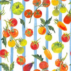 Seamless pattern with farm tomatoes of different varieties on a light blue striped background. Hand-painted in acrylic style, perfect for textiles, packaging, wallpaper, and summer-themed designs.