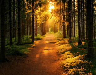 Obraz premium Serene forest path illuminated by golden glow, surrounded by tall trees and lush greenery, invites exploration and tranquility