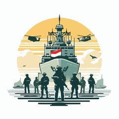 image of soldiers in front of the Republic of Indonesia warship with a simple and minimalist flat design using a white background