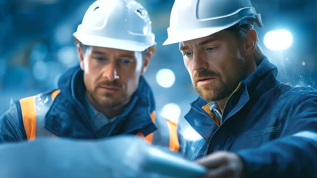 Team of shipbuilders working together on steel parts and design plans.