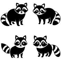 Four Adorable Cartoon Raccoons in Black and White Displayed in a Grid Pattern