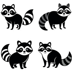 Obraz premium Four Black and White Raccoon Illustrations with Striped Tails on a White Background