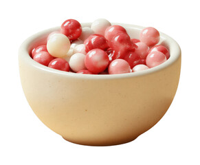 Creamy ceramic bowl filled with red and white marbles