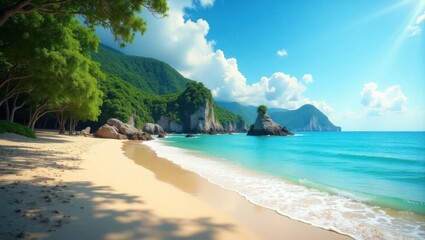 Tranquil beach scene with lush greenery and a turquoise sea.